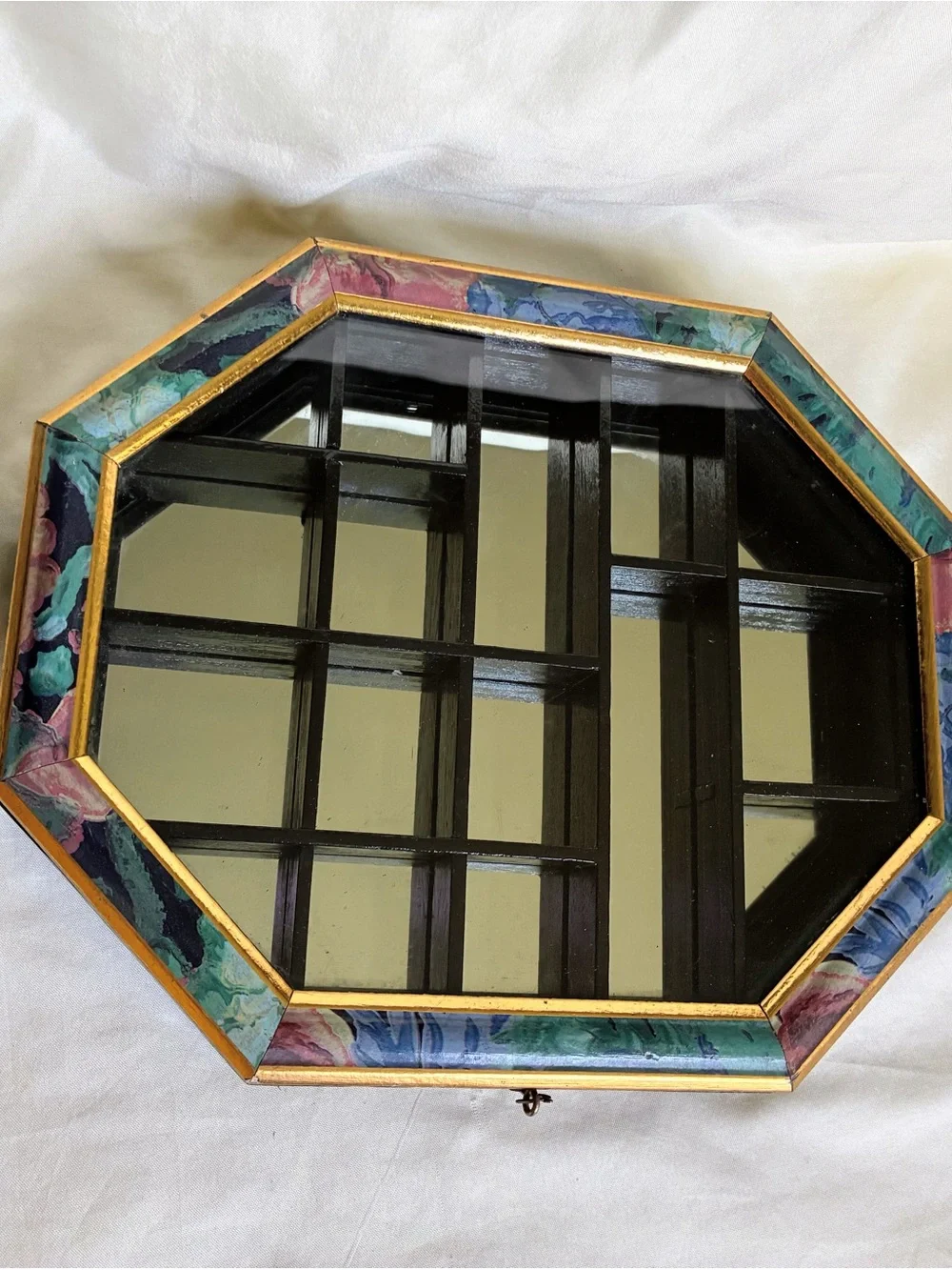 Octagon Display Case With mirror with colorful floral patterned frame